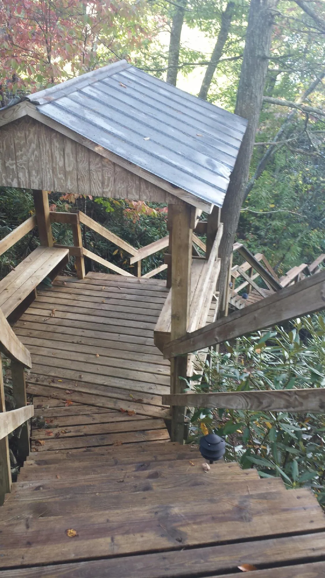 Metal roofed shelter over wooden steps on a wooded walkway — Skylight Repair & Installation work by our crew in Plummer